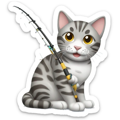 Gray Tabby cat playing with fishing pole  sticker