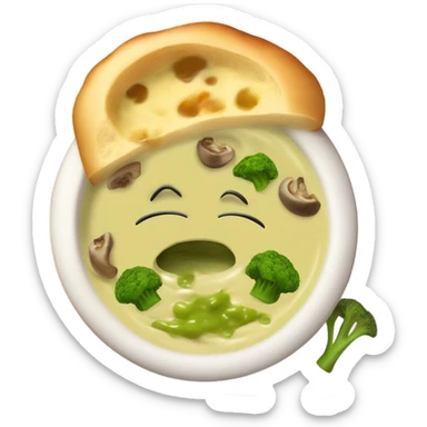 Broccoli cheddar soup with mushrooms in bread bowl  sticker