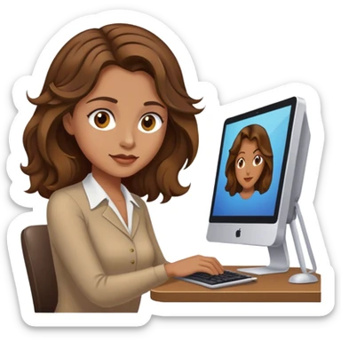 Closeup woman at computer with medium wavy brown hair and hazel eyes  sticker