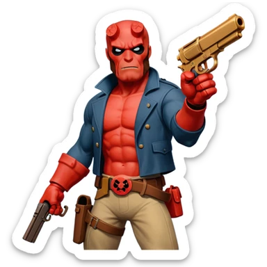 cinematic realistic superhero Hellboy by Mike Mignola jumps with a bronze pistol sticker