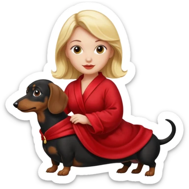 A blonde curvy woman riding on top of a black mini-dachshund wearing a red robe sticker