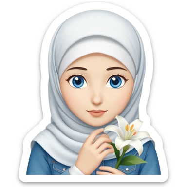 Turkish beautiful finish Konya girl blue eyes with denim and white hijab fresh islamic dress and had on her hand lilys flower  sticker