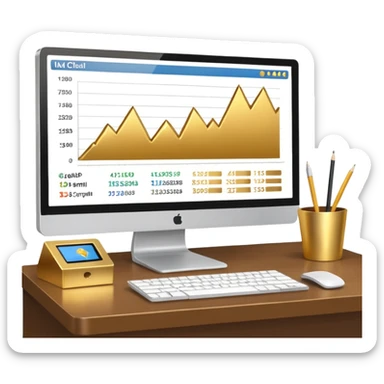Mach mir einen schreibtisch mit einem bildschirm drauf wo mann einen Chart sieht von Gold sticker