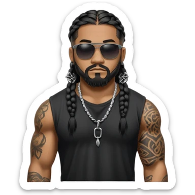 Samoan male. Chin beard 
Untucked loose fitting black t-shirt. 
long black braided hair.
very muscular.
Even More tattoos. 
Tough and menacing.
Dark black square sunglasses. sticker