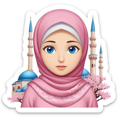 Turkish beautiful finish Konya girl blue eyes with hijab and cherry blossom dress on mosque sticker