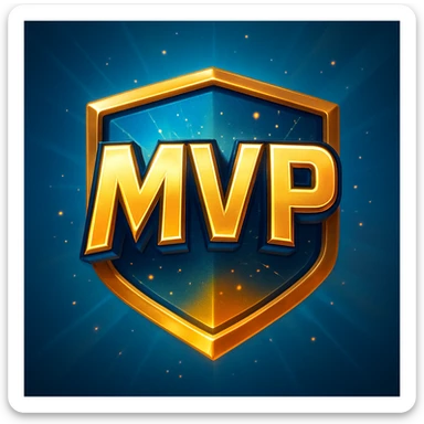 A gleaming, stylized badge with bold, slightly futuristic lettering 'MVP' set against a dynamic, gradient background of electric blue and gold. Small, energetic particle effects emanate from the text. sticker