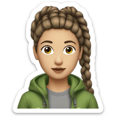 Braiding Ponytail  brown hair, brown eyes, grey tshirt and green puff jacket sticker