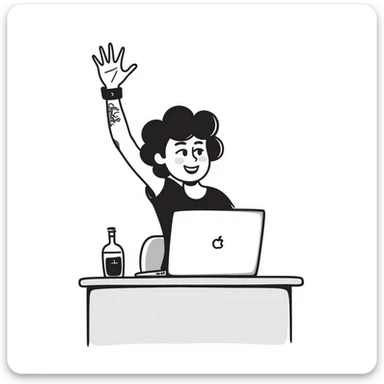 Cool female rockstar musician with arm tattoos and alternative hairstyle, sitting at desk with laptop, raising hand in class, smiling confidently sticker
