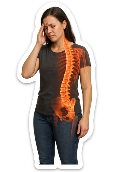 donna stanca a figura intera che si tiene una mano sulla tempia con spina dorsale anatomica visibile, iperrealistico 4k sticker