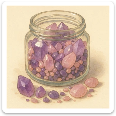 realistic amethyst and rose quartz crystal pieces in an open glass jar, different shapes and sizes, pretty small pebbles, mixed together, natural colors, soft, fairy-like atmosphere, no background, square size sticker