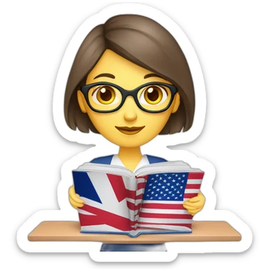 English teacher female with English book with Ukrainian flag  and usa flags sticker