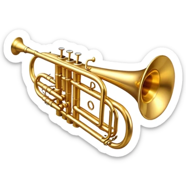 Cinematic Realistic Trumpet, rich golden brass with subtle tarnish marks, soft highlights emphasizing the intricate details, warm reflections of stage lighting bouncing off the metal, glowing with bold and triumphant energy. sticker