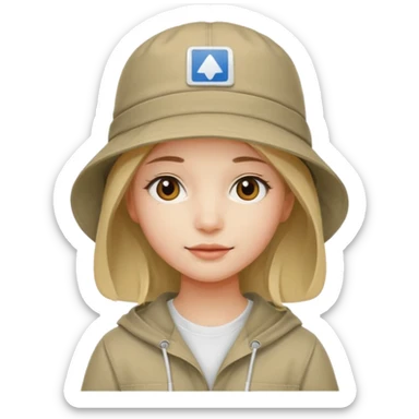 A girl with a khaki bucket hat on her head and a small detail in the form of a white rectangle with the inscription: "вйо до пригод" sticker