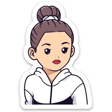cartoon sticker of a clean girl with dewy skin, glossy lips, hair in a bun, wearing athleisure sticker