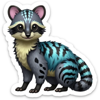 A Colorful iridescent pastel light dark vibrant neon tropical exotic tropical tribal cute happy realistic esoteric patterned fluffy furry dark civet-cacomistle-genet-oncilla-Fakémon-fursona-hybrid-fusion-animal-creature, full body, 4-legged sticker
