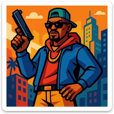 GTA character with a pistol, streetwear, confident pose, city vibe sticker