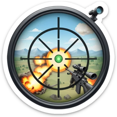An icon symbolizing first-person shooter games. The design features a circular sniper scope view with crosshairs aimed at a distant target. The background shows a battlefield with soldiers and explosions, capturing the action-packed intensity of FPS games. Transparent background. sticker