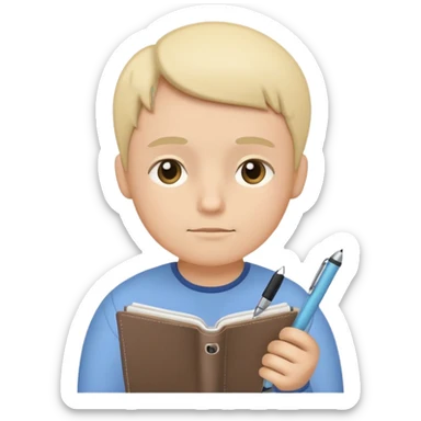 simplified human character holding a notebook and pen, thoughtful facial expression, slightly tilted head, planning life and goals, calm and focused mood, flat custom emoji sticker, pastel colors, rounded shapes, minimal details, thick outline, white background, no text sticker