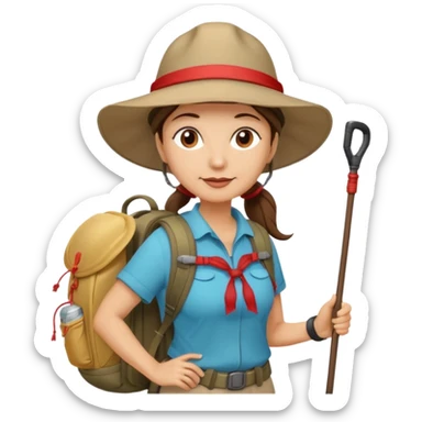 Middle aged women, long brown ponytail with wide brim hiking hat. With backpack and trekking poles. Backpack has a scallop shell with the cross of saint james hanging from it.  Remove the cross and add a scallop shell on a red string hanging from the backpack  sticker
