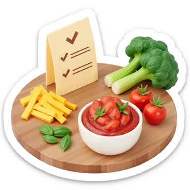 Ingredients on teh wooden cutting board with floating list with check box sticker