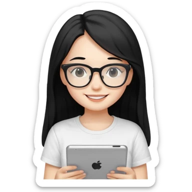 Long black hair girl in a white T-shirt and black square glasses smiling studying with an Ipad. sticker
