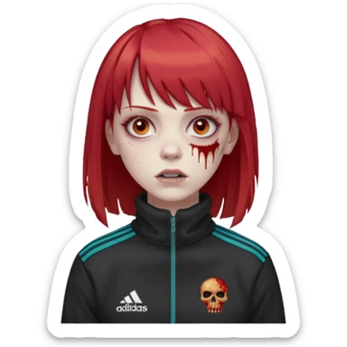 Crie um emoji de uma menina com o cabelo vermelho com uma franja reta zumbi casaco de gola alta da adidas sticker
