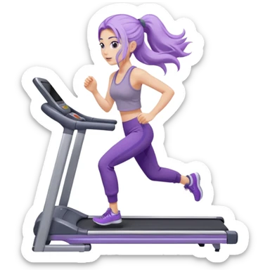 Девушка белокожая на беговой дорожке, с длинными светло-лиловыми волосами, в лиловом топе, в серых спортивных штанах, с черными ресницами sticker