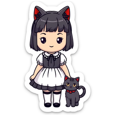girl wearing black Lolita style dress, with medium-length black hair with red tips, and a black American Shorthair tabby cat sticker