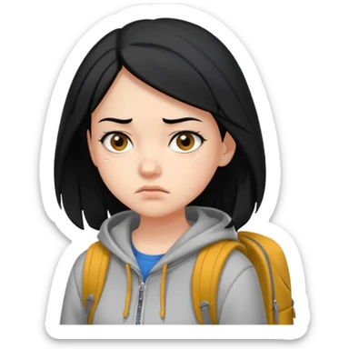 college student with annoyed face , black hair , with hoodie and backpack , girl sticker