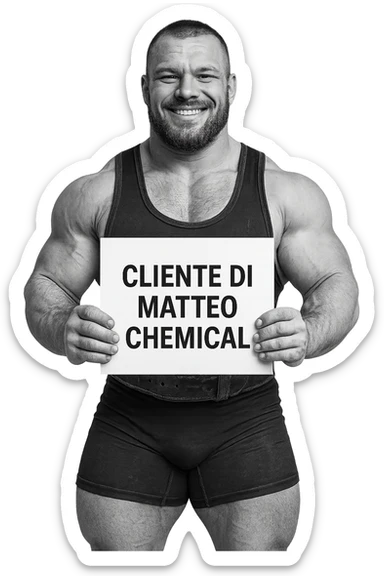 Powerlifter con in mano una targa o un foglio con scritto "Cliente di Matteo Chemical" sticker
