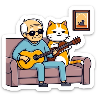  old blind man playing guitar  on the couch with his golden cat  sticker