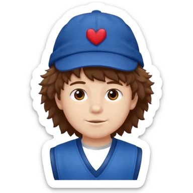 brown fluffy hair kid with blue and white hat dark blue jilet red t shirt sticker