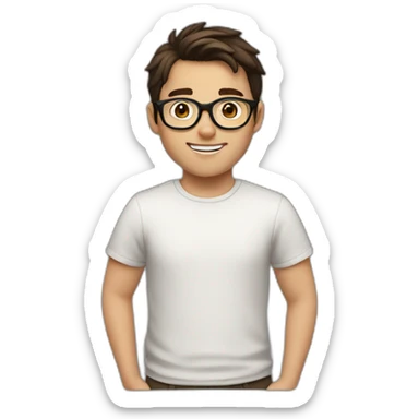 white boy with dark brown hair with circle brown glasses and a smile sticker