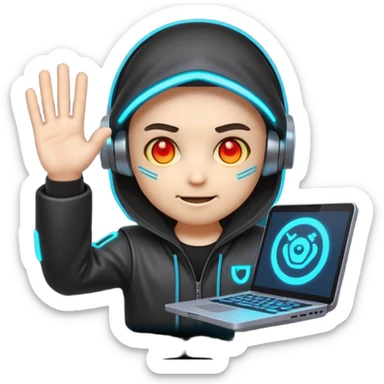 Chibi cyberpunk hacker emoji with glowing eyes, shaking head “no” and waving stop hand, friendly anti-scam message, text “NO SCAMS”, smooth looping animated sticker, bright neon colors, transparent background, Discord emoji style. sticker