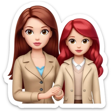 A barbie girl with makeup with dark brown hair long with a baby, a daughter, a girl with red hair, holding her hand in beige clothes sticker