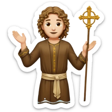 young man with wavy hair, saintly attire, standing in water, John the Baptist, emoji style sticker