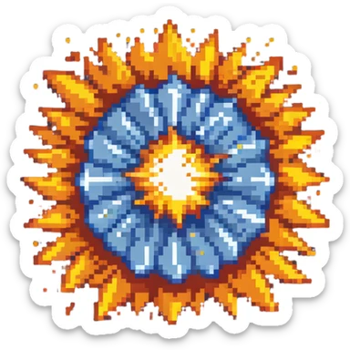 Bomberman explosion center tile animation frame 1, slightly smaller bright fiery explosion core, yellows and oranges, clean pixel art edges, beginning of explosion sticker