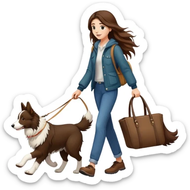 A beautiful girl with long brown hair walks a Border Collie sticker