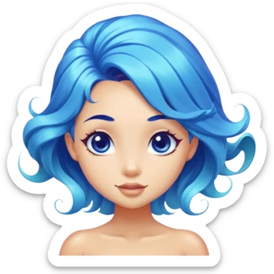 Cinematic Realistic Blue Hair Mermaid Portrait, head tilted playfully and inquisitively, showcasing a delicate, tropical form with finely detailed, flowing blue hair contrasting beautifully against her sun-kissed tanned skin. Her bright, curious eyes sparkle like sea gems under warm filtered light, rendered with lifelike clarity and soft underwater illumination—capturing the essence of a spirited mermaid poised to dance playfully amidst coral reefs. sticker