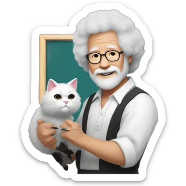 bob ross with white hair painting a cat with a japan themed colored fur sticker