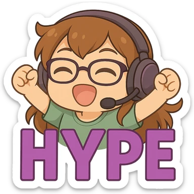 Make the headset purple and add glasses to the girl, keeping the HYPE purple letters, chibi style, and energetic expression. Transparent background. sticker