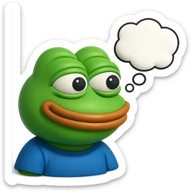 make a pepe in bright green smiling with thought bubble looking at right side in 3d style, good highlights and shadows, drop shadows sticker