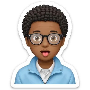 A dark-skinned boy with short curly hair, wearing square black-framed glasses, is sticking out his tongue and is wearing a light blue jacket. The figure is seen from the shoulders up. sticker