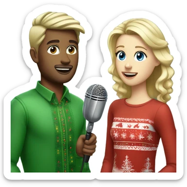 Brown-haired, blue-eyed male wearing  Christmas clothes with blonde-haired, green-eyed female wearing Christmas clothes, whilst talking into a microphone for a podcast sticker