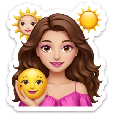 girl with long wavy brown hair, brown eyes, long lashes makeup, sexy pink lips, smiling, light to medium complexion, wearing a pink sexy silk top, holding a big sun sticker