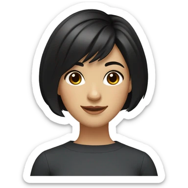 A girl with short, jet-black hair styled in a bob. Fair skin. Dark brown eyes. Smiling naturally. sticker