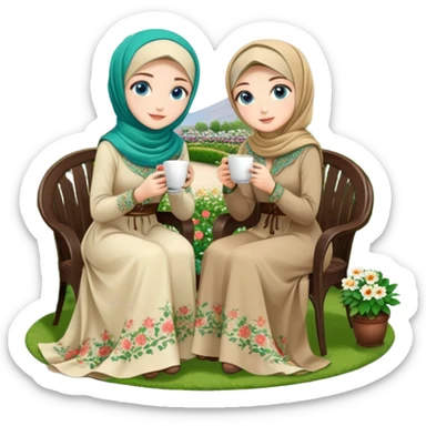 Turkish beautiful finish Konya girls blue eyes with Beautiful beige green floral hijab long tail dress and this two friends sit in a lovely garden on the chair on the ground and holds cup coffe with her hand  sticker