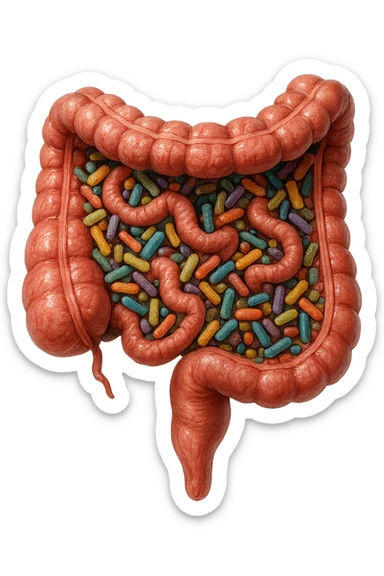 INTESTINO UMANO ANATOMICO CON ALL'INTERNO PIENO DI BATTERI INTESTINALI, IPERREALISTICO 4K sticker