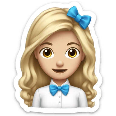 Girl with dirty blonde hair, blue eyes, bow in hair, white shirt sticker