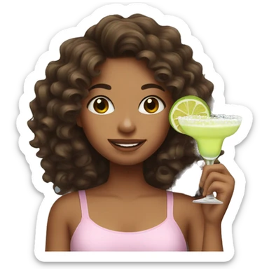 Girl with brown curly hair holding a margarita  sticker